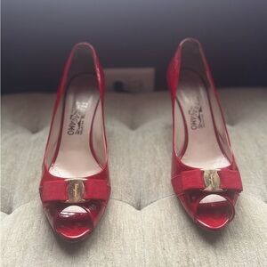 Salvatore Ferragamo Red Peep-Toe Heels with Bow